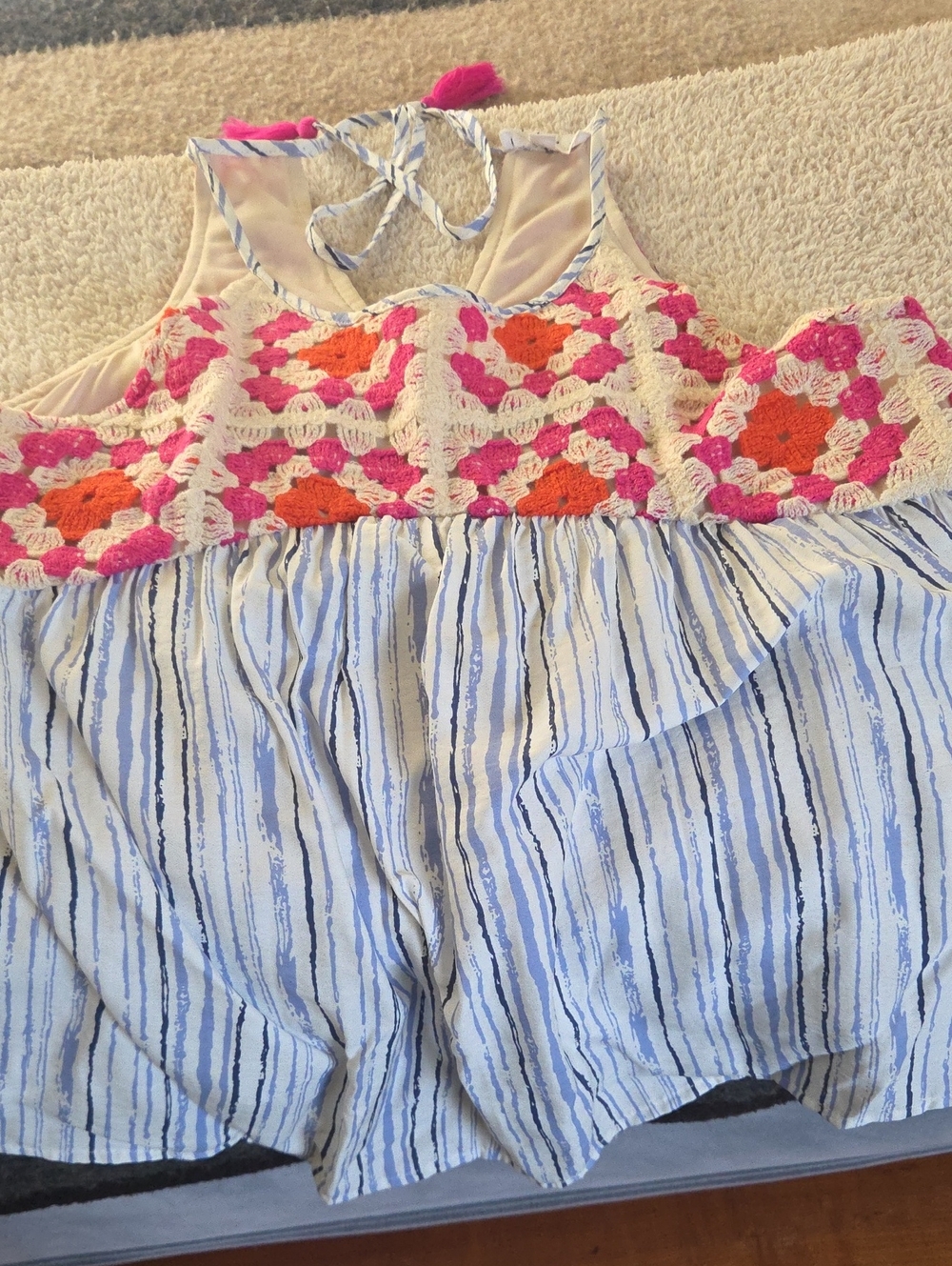 THML Crochet Yoke Striped Halter Tank Top - Pink, Orange, Blue, White
